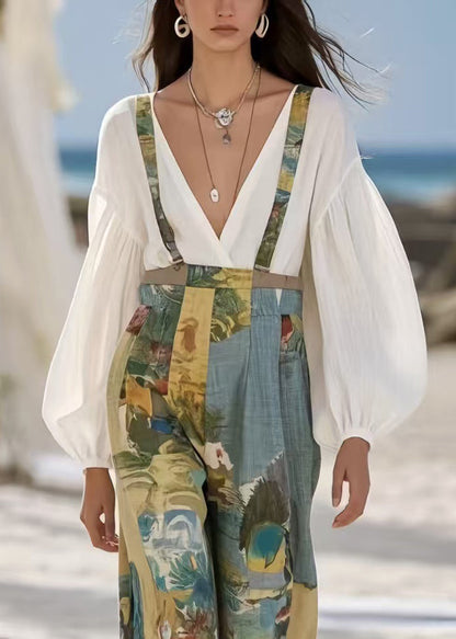 Vintage Sky Blue Print Oversized Cotton Jumpsuit Summer