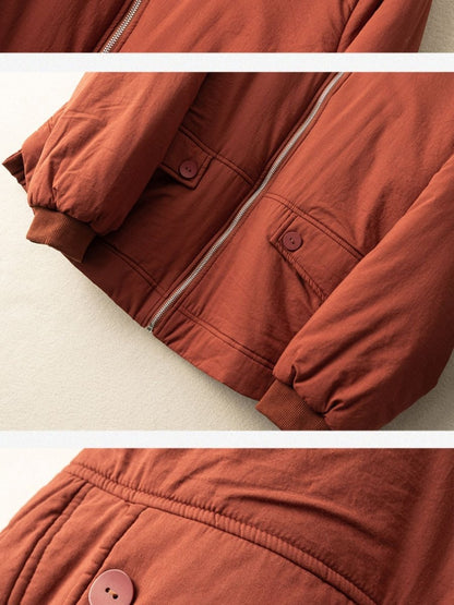 100% Natural Fabric Solid Zipper Round Neck Long Sleeve Coat