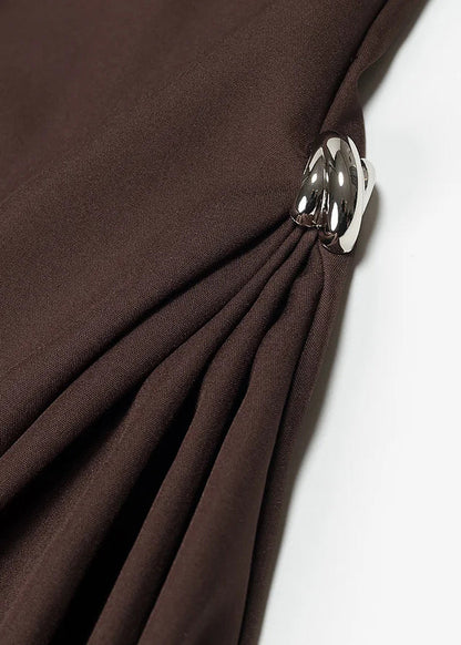 French Coffee Turtleneck High Waist Solid Cotton Long Dress Sleeveless