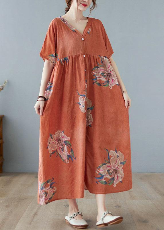 Chic Orange Red V Neck Patchwork Summer Ankle Dress Half Sleeve