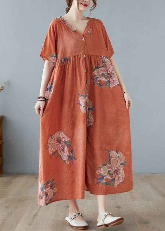 Chic Orange Red V Neck Patchwork Summer Ankle Dress Half Sleeve