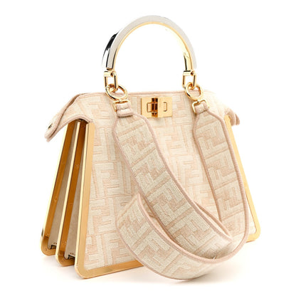 Chenille Suede Metal FF Small Peekaboo I SEE U Satchel Beige White