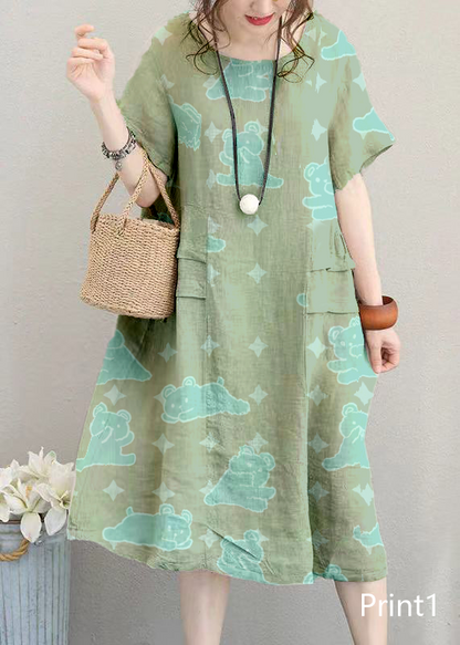 fine Print1 linen dress casual linen clothing dresses women o neck patchwork cotton dress