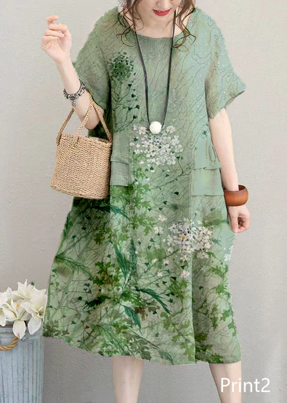 fine Print5 linen dress casual linen clothing dresses women o neck patchwork cotton dress