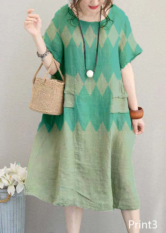 fine Print3 linen dress casual linen clothing dresses women o neck patchwork cotton dress