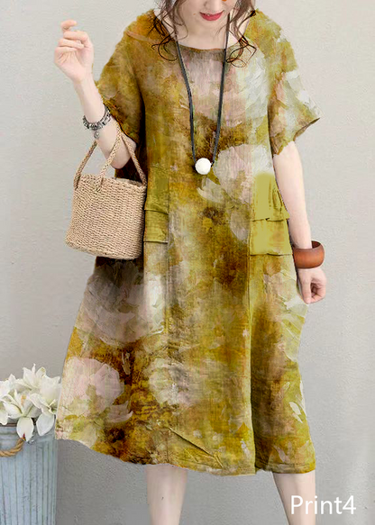 fine Print1 linen dress casual linen clothing dresses women o neck patchwork cotton dress
