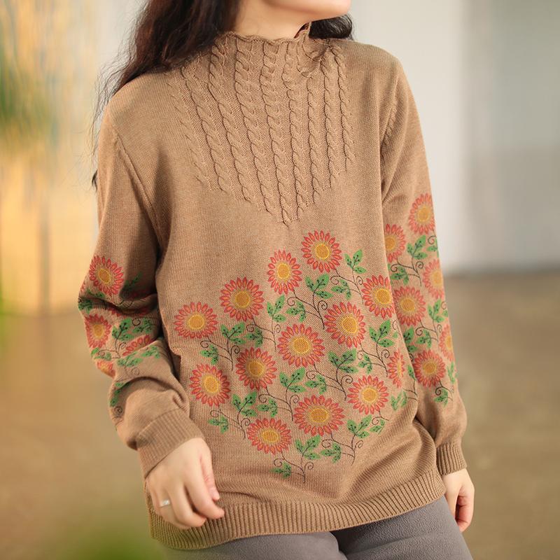Retro Cotton Flower Printed Loose Sweater