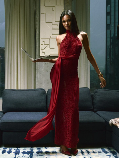 Red Flocked Leopard Print Halter Open-Back Sash Maxi Dress