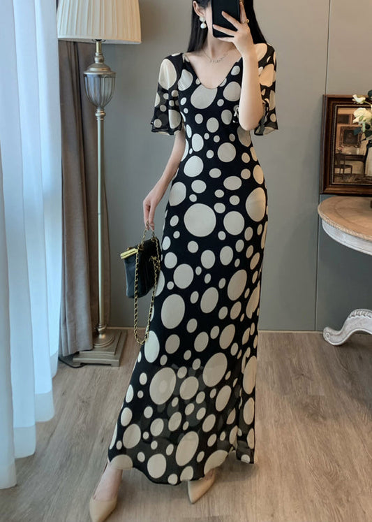 Vintage Black Print Chiffon Vacation Dresses Summer
