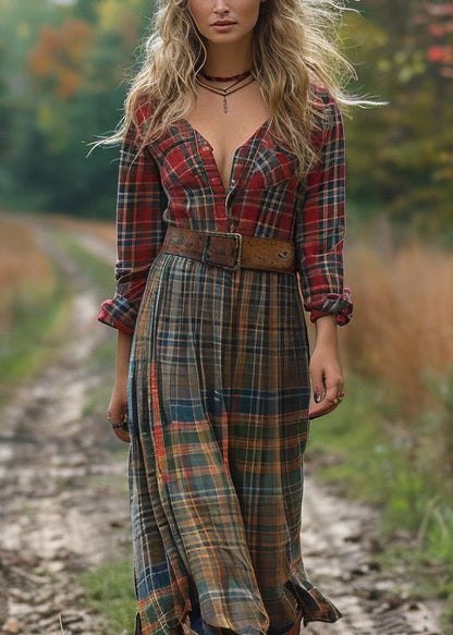 Unique Colorblock V Neck Plaid Cotton Dresses Long Sleeve