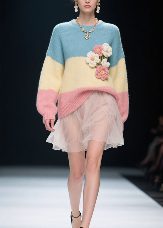 Boutique Colorblock O Neck Floral Knitwear Sweater Fall
