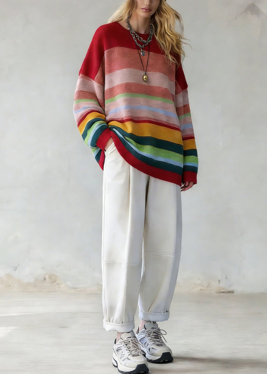 Plus Size Rainbow Striped O-Neck Knit Sweaters And White Pants Two Pieces Set Spring