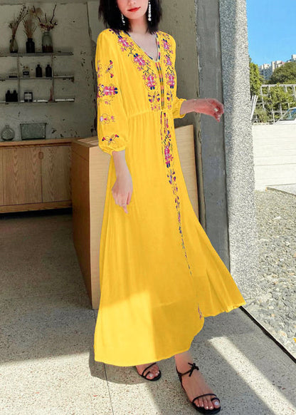 Bohemian Yellow Embroidered Tie Waist Cotton Vacation Dresses Bracelet Sleeve