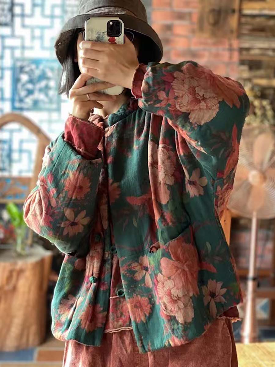 Women Winter Vintage Floral Print Frog Cotton Coat