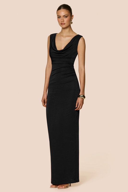 Black Asymmetric Off-Shoulder / Cowl Neck Ruched Back Slit Maxi Dress