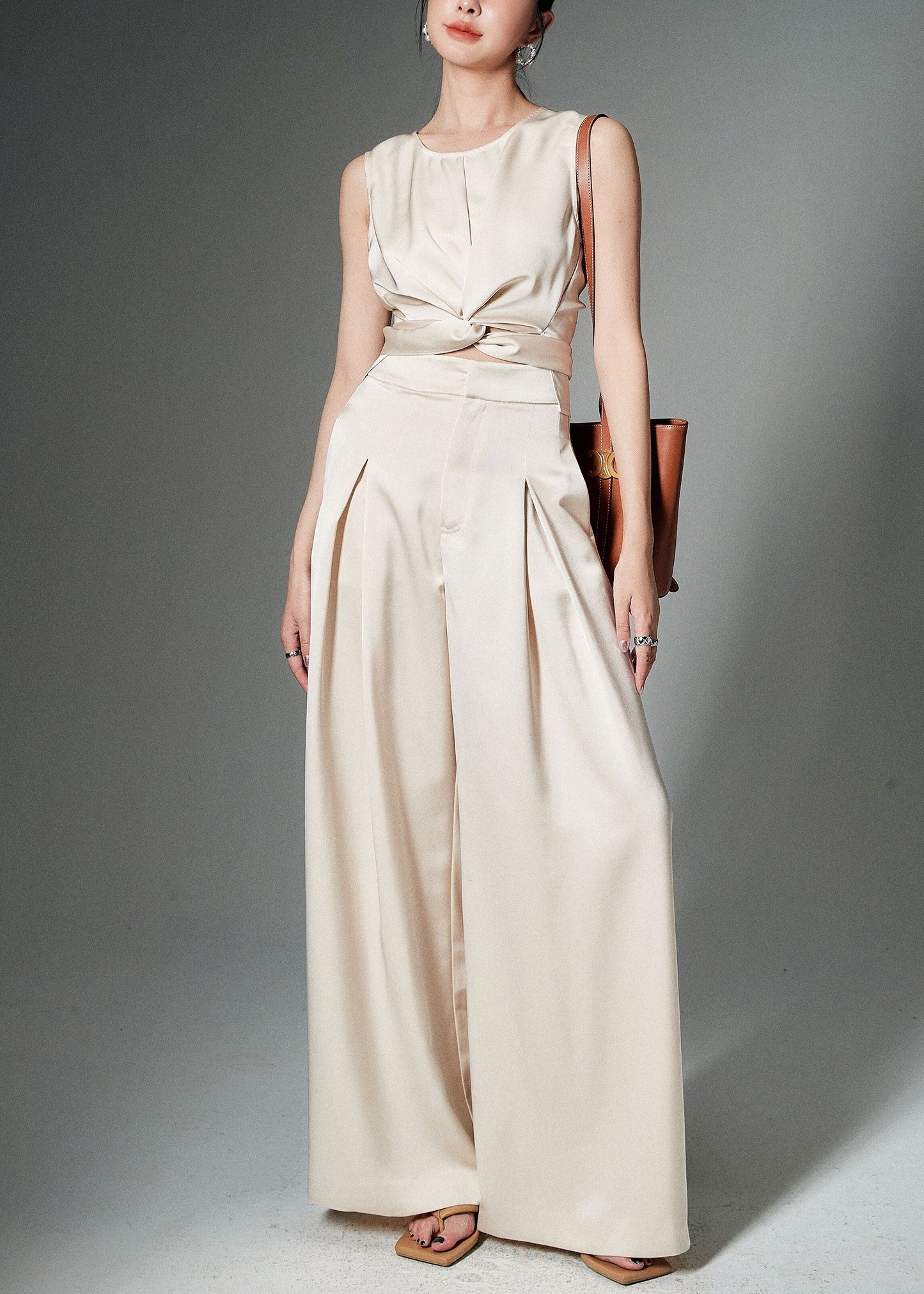 Elegant Beige Front Open Tops And Pants Silk Two Pieces Set Sleeveless