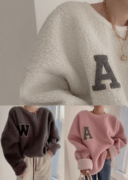 Loose Pink O Neck Letter Teddy Pullover Streetwear Winter