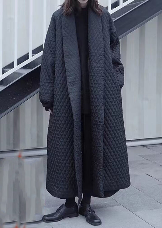 Stylish Black V Neck Plaid Fine Cotton Filled Trench Coats Winter