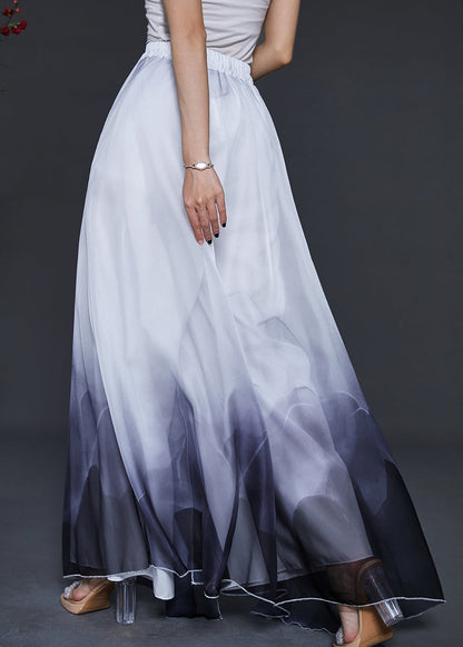Elegant Gradient Color Ink And Wash Print Layered Chiffon Pants Skirts Summer