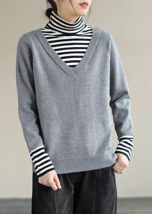 Pullover Light Gray Sweater Tops Patchwork High Neck Plus Size  Knit Sweat Tops