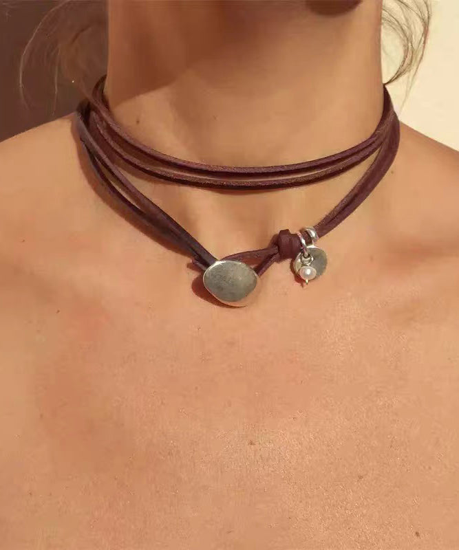 Handmade Brown Leather Strap Alloy Turquoise Multi-Layer Necklace