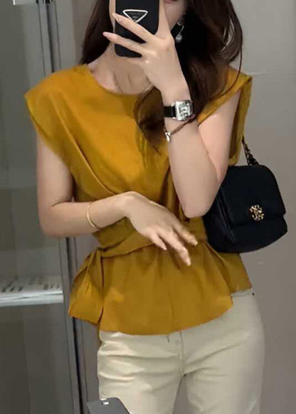 French Red Tie Waist Solid Top Sleeveless
