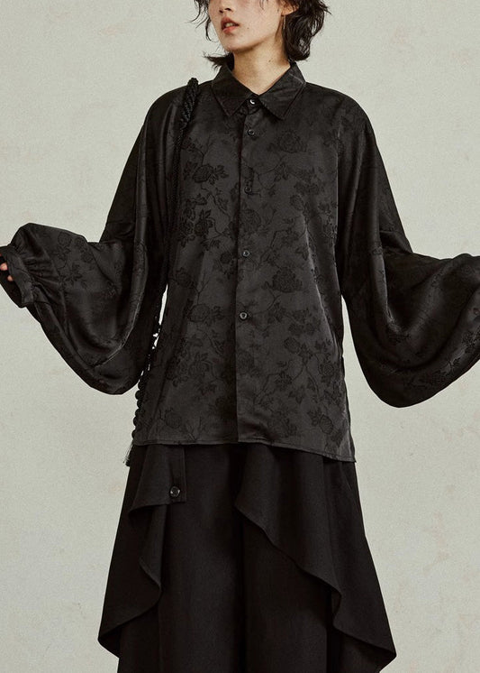 Jacquard Black Button Solid Silk Shirts Fall