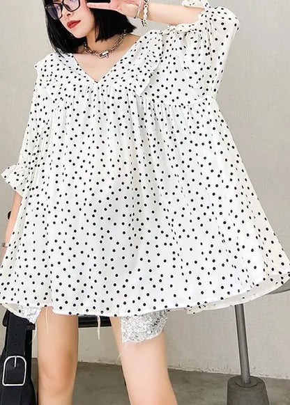Beach white dotted chiffon clothes plus size Sleeve v neck Ruffles Love tops