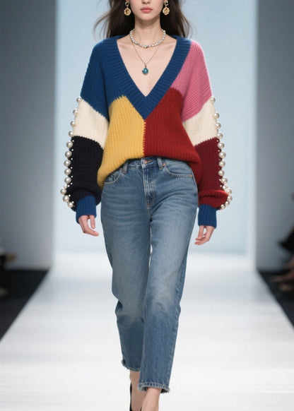 Plus Size Colorblock Nail Bead Patchwork Knit Pullover Fall