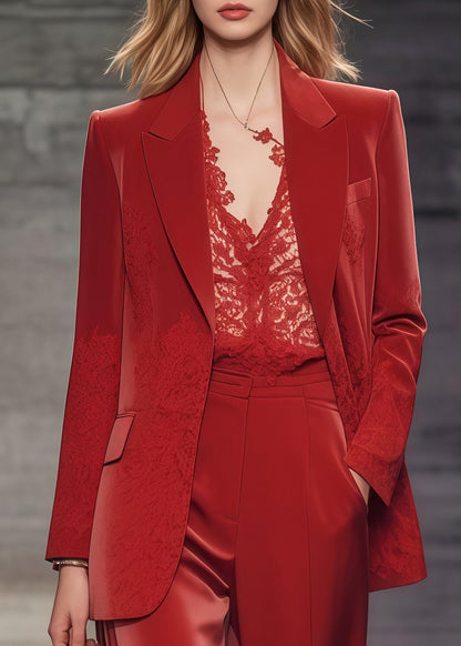 Boutique Red Oversized Patchwork Lace Spandex Coats And Straight PantsTwo Pieces Set Spring