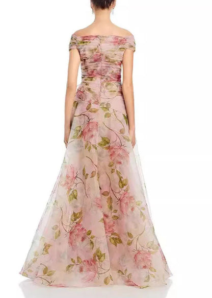 Wedding Pink Ruffled Print Organza Long Dress Summer