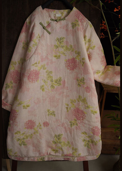 Elegant Pink Chinese Button Print Side Open Cotton Filled Dress Spring