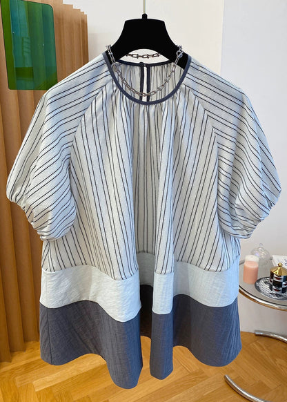 Loose O-Neck Striped Button Patchwork Cotton Shirt Summer