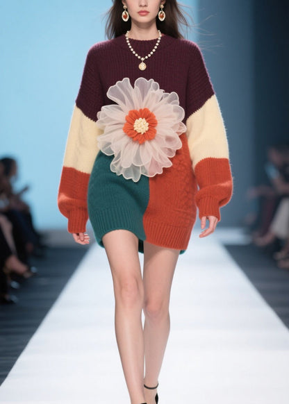 Boutique Colorblock O Neck Floral Knit Sweater Dress Fall