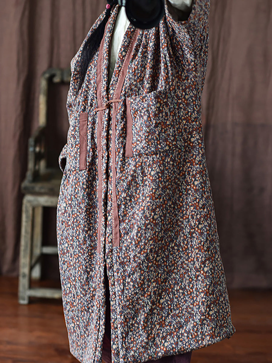 Women Vintage Winter Warm Floral Pocket Print Coat