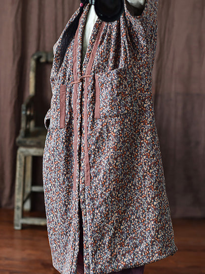 Women Vintage Winter Warm Floral Pocket Print Coat