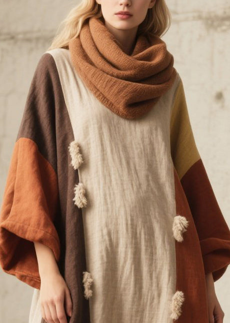 Bohemian Mixed Color Oversized Patchwork Fuzzy Ball Decorated Dress Lantern Sleeve