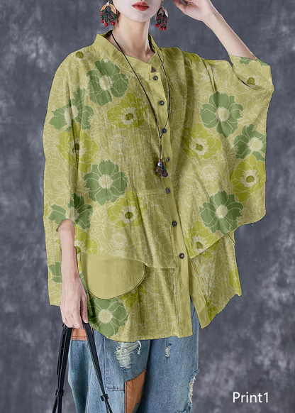 Plus Size Print5 Stand Collar Patchwork Linen Shirt Tops Batwing Sleeve