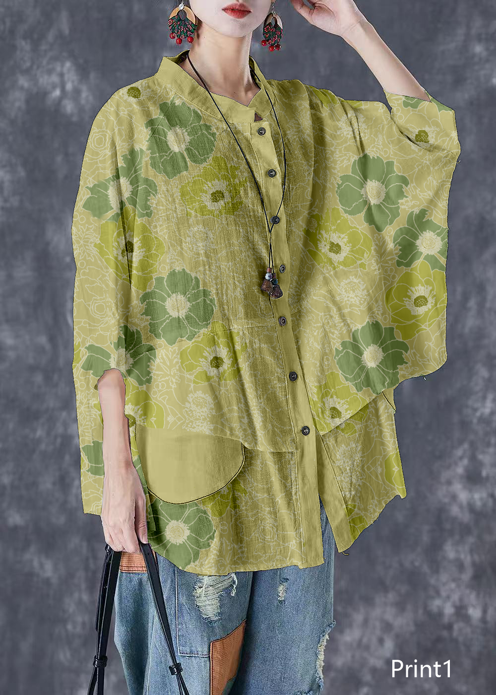 Plus Size Print3 Stand Collar Patchwork Linen Shirt Tops Batwing Sleeve