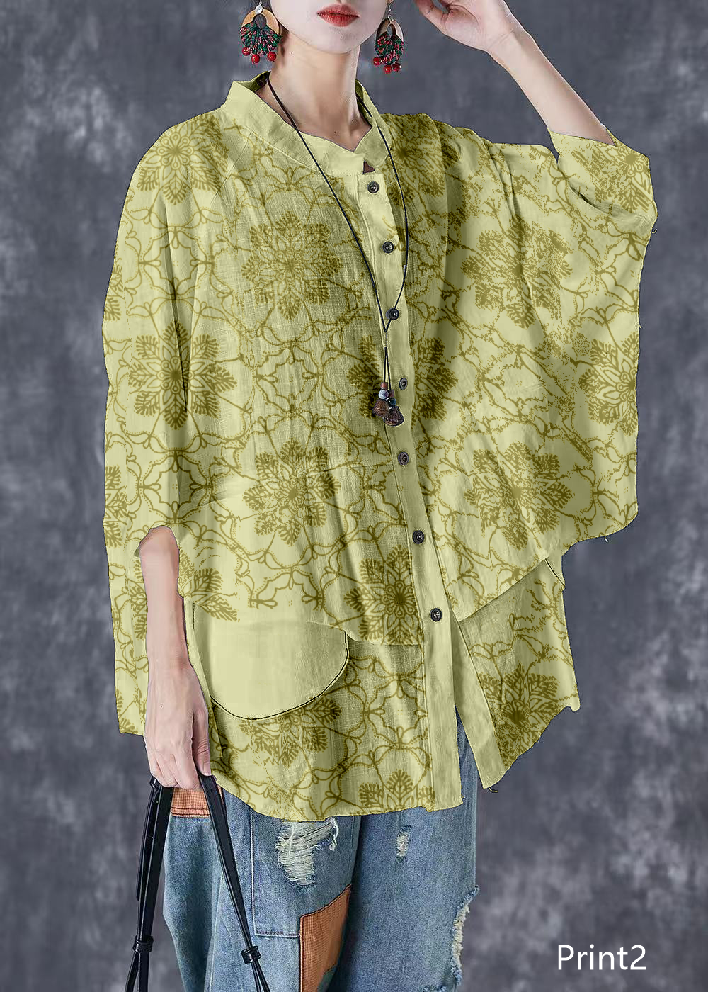 Plus Size Print5 Stand Collar Patchwork Linen Shirt Tops Batwing Sleeve