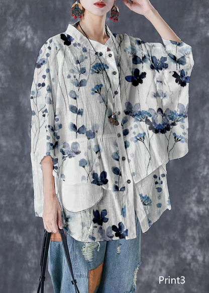 Plus Size Print2 Stand Collar Patchwork Linen Shirt Tops Batwing Sleeve