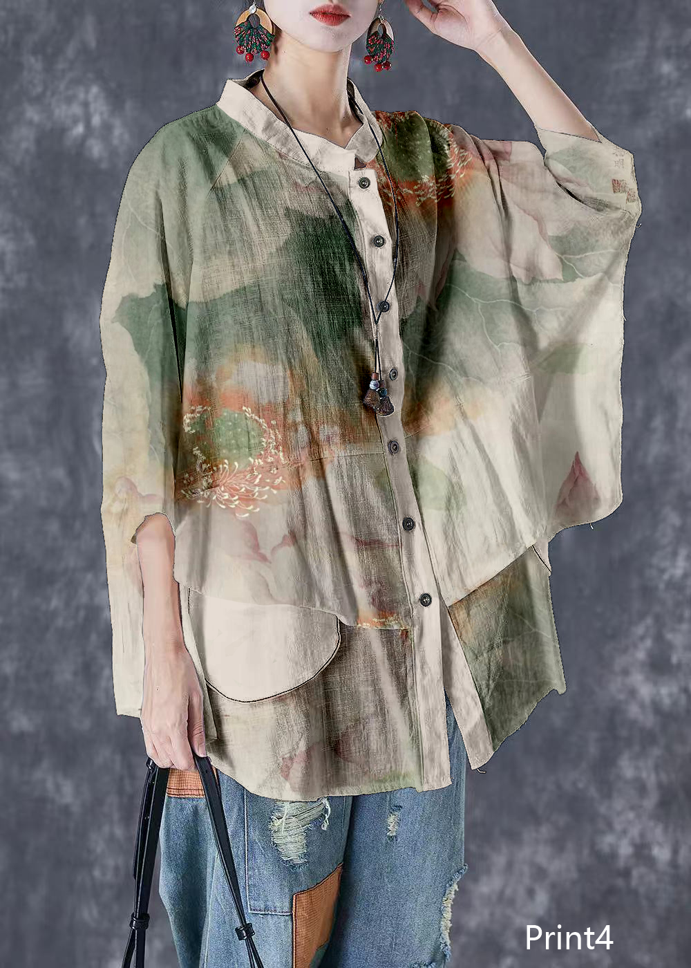 Plus Size Print5 Stand Collar Patchwork Linen Shirt Tops Batwing Sleeve