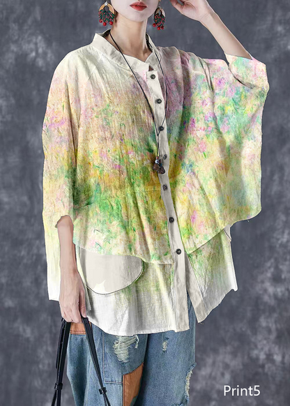 Plus Size Print7 Stand Collar Patchwork Linen Shirt Tops Batwing Sleeve