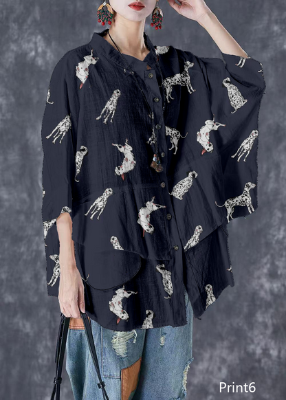 Plus Size Print5 Stand Collar Patchwork Linen Shirt Tops Batwing Sleeve