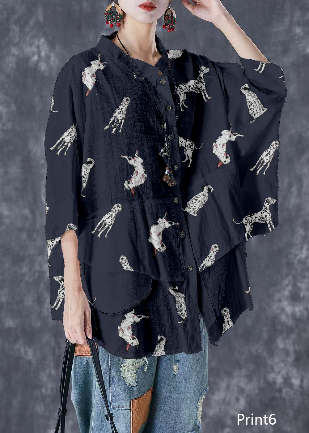 Plus Size Print4 Stand Collar Patchwork Linen Shirt Tops Batwing Sleeve