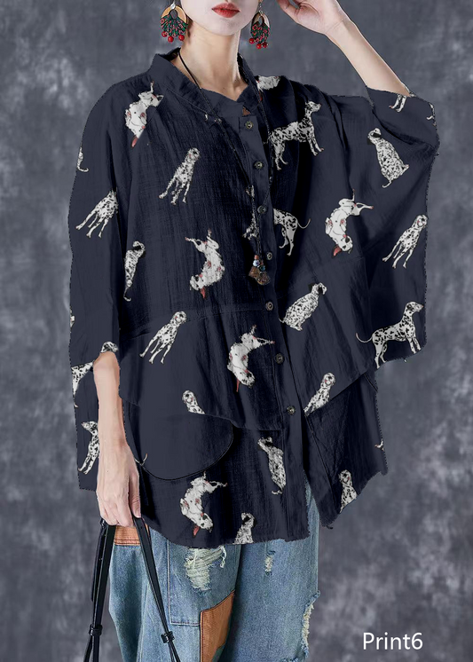 Plus Size Print6 Stand Collar Patchwork Linen Shirt Tops Batwing Sleeve