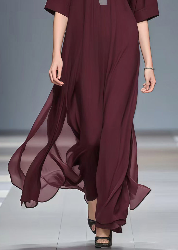 Vintage Mulberry V Neck Patchwork Chiffon Long Dress Summer