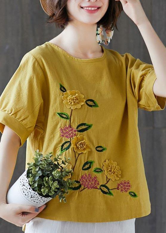 Plus Size Yellow Half Sleeve Cotton Linen Summer Top