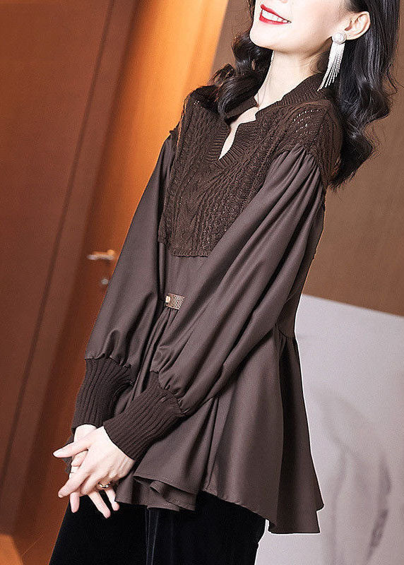 Coffee Patchwork Knit Blouse Tops V Neck Ruffles Long Sleeve
