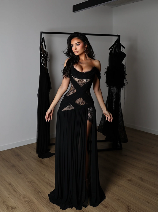 Sexy Lace Stitching Slit Pleated Skirt